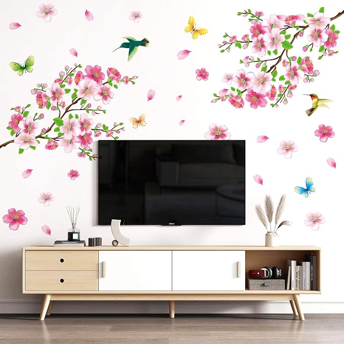 LiveGallery Pink Cherry Blossom Flower Birds Vinyl Art Wall Decal Brown 3D Peel and Stick DIY Tree Branch Wall Stickers Decor for Girls Teens Baby Bedroom Nursery Living Room Home Decoration - Image 5