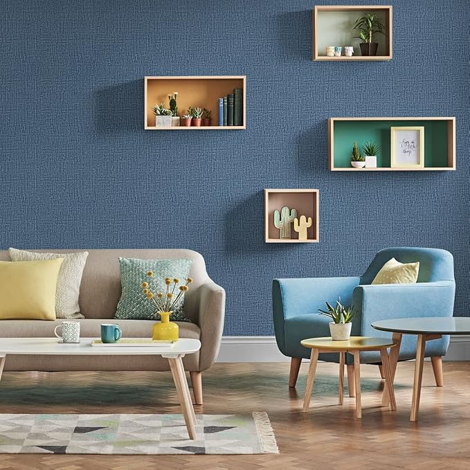 Blue Peel and Stick Wallpaper Grasscloth Decor Paper 17.7in x 118in | Faux Linen Vintage Wallpaper Textured Removable Wall Paper Grass Cloth Cabinets Bedroom for Cabinet Self Adhesive Vinyl - Image 3