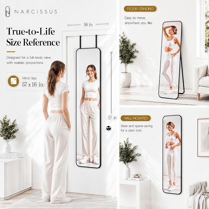 NARCISSUS Full Length Mirror 57x16 Inch, Over The Door Mirror with Stand, Wall Mounted or Freestanding/Door Hanging Full Body, Aluminum Alloy Frame, Black - Image 3