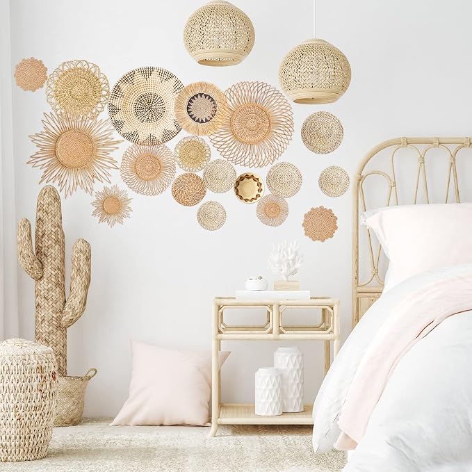 Glenmal 18 Pcs Boho Basket Wall Decals Round Wall Sticker Modern Decor Peel and Stick Decor Sticker Removable Boho Stickers Rustic Art for Bedroom Office, Stickers Only(Stylish Style) - Image 6