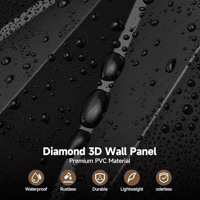 INMOZATA 3D Wall Panels, Diamond Textured PVC Accent Wall Panels | 33-Pack 12" x 12" PVC Decorative Wall Panels for Interior Wall Decor, TV Gaming Living Room, Bedroom Background, Black - Image 3
