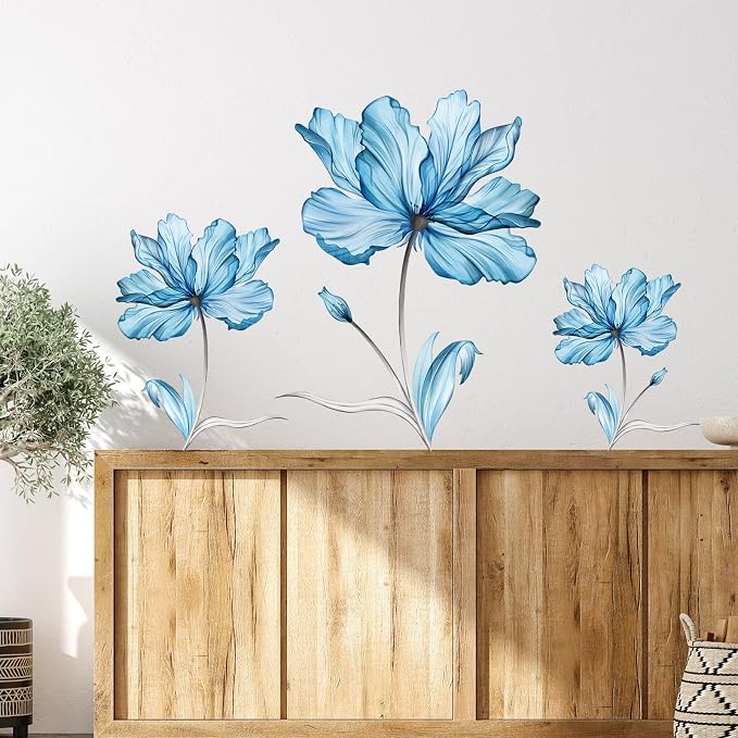 Zonon 6 Pcs Flower Wall Decals Peel and Stick Sticker, Blue Flower | Vinyl Removable Wall Stickers & Murals, Watercolor Flower Wall Decals, Blue Floral Decor for Bedroom, Living Room, Nursery - Image 5