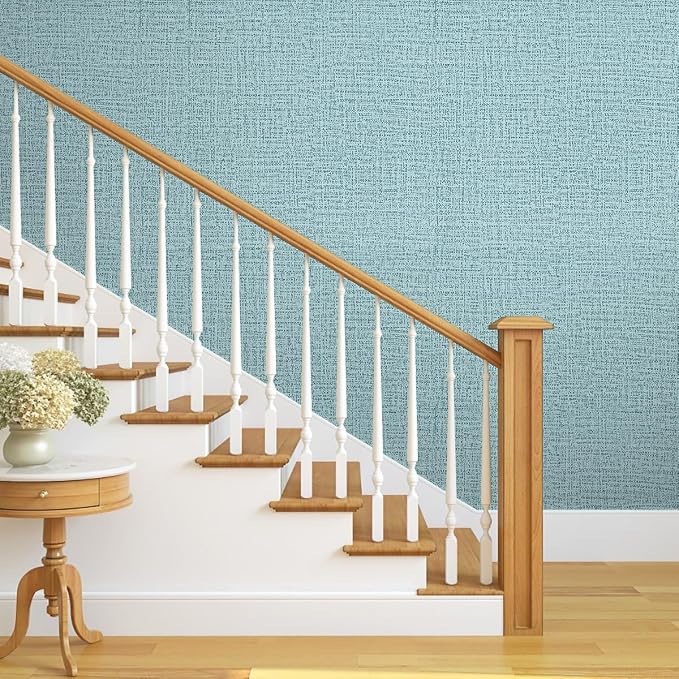 Teal Wallpaper Grasscloth Peel and Stick Wallpaper 17.7in x 118in | Faux Linen Vintage Wallpaper Textured Removable Wall Paper Grass Cloth Cabinets Bedroom for Cabinet Self Adhesive Vinyl - Image 9