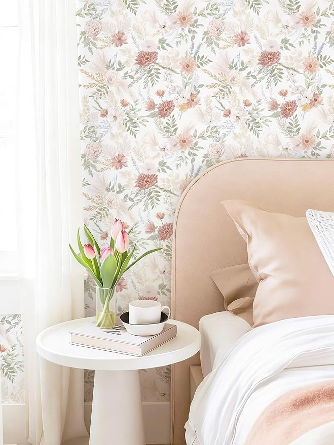 Dimoon Pink Floral Peel and Stick Wallpaper Modern Beige Contact Paper 17.3''x197'' Boho Village Country Cottage Wallpaper Renter Friendly Girls Room Wall Paper for Bathroom Nursery Bedroom Vinyl - Image 4