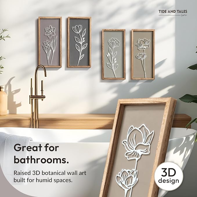 Tide and Tales 3d Framed Wall Art, Set of 4, Floral Boho Wall Decor | 7" x 16", Lightweight, Wooden, Ready-to-Hang Wall Decor for Living Room, Bathroom, Bedroom or Office, Botanical Farmhouse - Image 4