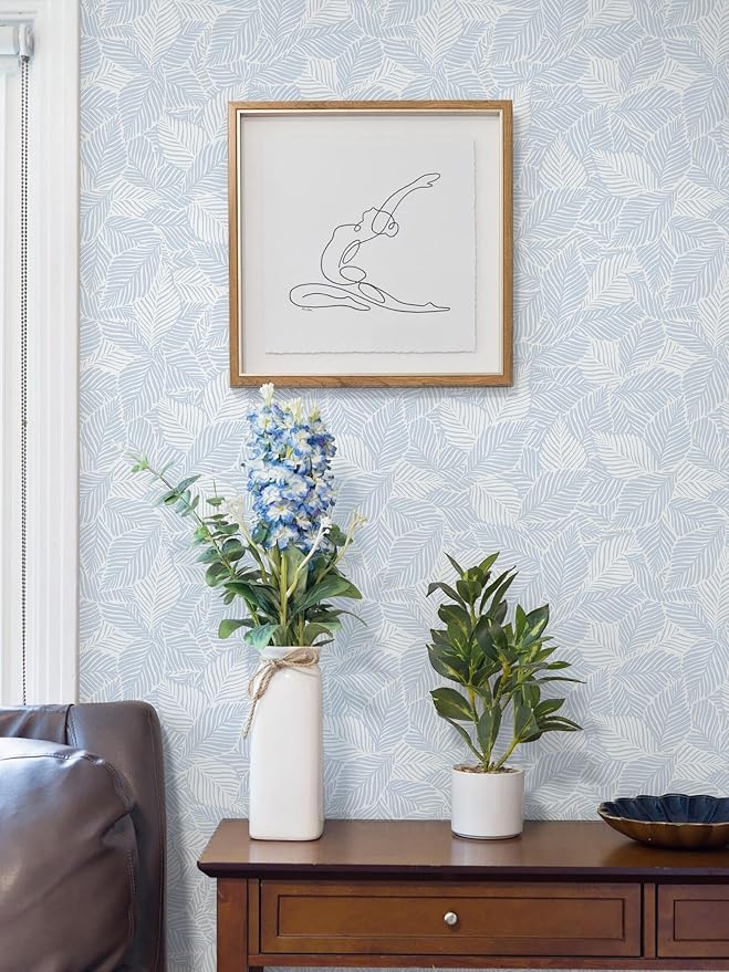 Dimoon Blue Peel and Stick Wallpaper Geometric Contact Paper for Bathroom Kitchen Striped Botanical Stick on Wall Paper Leaf Boho Removable Wallpaper Renter Friendly Vinyl Waterproof 17.3''x197'' - Image 2