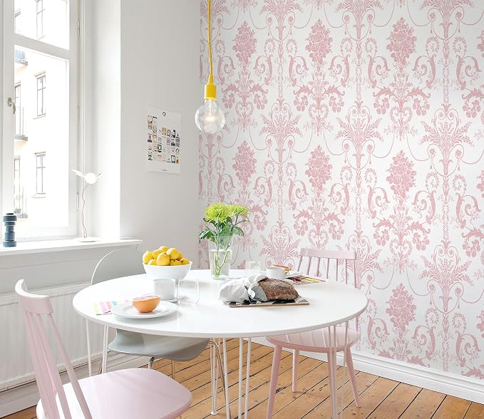 Damask Floral Peel and Stick Wallpaper Boho Pink and White Contact Paper | 17.3" X 394" Pink Damascus Decorative Wallpaper DIY Removable Self Adhesive Wallpaper for Bedroom Cabinets Covering Vinyl - Image 4