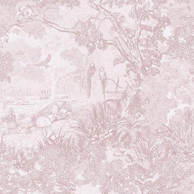 Ismoon Pink Peel and Stick Wallpaper Neutral Wall Paper 17.3in×6.56ft Vintage Removable Self-Adhesive Wallpaper Animals Jungle Contact Paper for Cabinets Bathroom Walls Covering Vinyl Roll by Ismoon