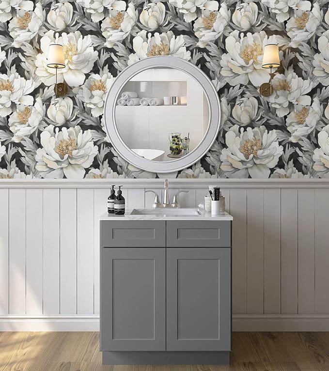 Safiyya Peel and Stick Wallpaper Black and White Floral Contact Paper Peel and Stick 17.3"x 78.7" Wall Paper Self Adhesive Removable Wallpaper for Bedroom Bathroom Vinyl Roll - Image 2