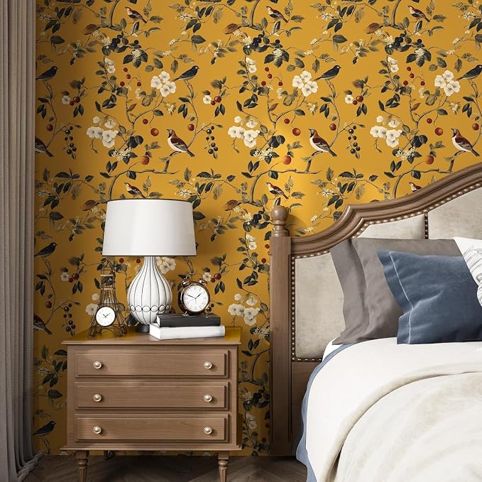 Laatse Vintage Yellow Floral Bird Wallpaper Peel and Stick 17.5"x118" | Self Adhesive/Removable/Waterproof/Thick Vinyl Contact Paper for Bathroom Bedroom Shelf Cabinet Drawer,Prepasted,Easy Peel - Image 6