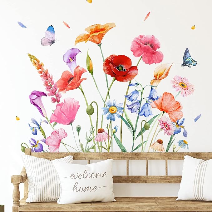 Zonon 6 Pcs Flower Wall Decals Peel and Stick Sticker, Exquisite | Vinyl Removable Wall Stickers & Murals, Colorful Butterfly Wall Decals, Poppy Wildflower Decor for Bedroom, Living Room - Image 5