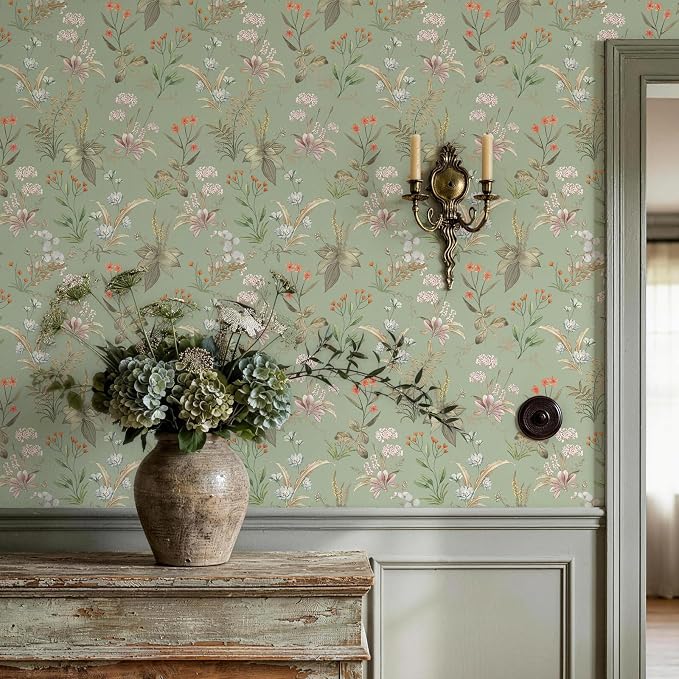 Simon&Siff Vintage Floral Peel and Stick Wallpaper 800" x 17.3" | Sage Green Botanical Contact Paper, Self Adhesive Removable Wall Paper, Renter Friendly, Bedroom Cabinets DIY Decor by SimonSiff