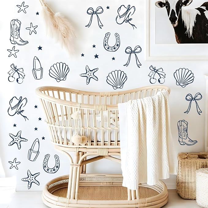 Seaside Cowgirl Wall Decals, Peel and Stick Under the Sea Coastal Cowgirl Mural, Western Beach Wall Stickers for Kids, Boys and Girls Room & Nursery Decor (Dark Blue Cowgirl Bow Wall Decals) - Image 5