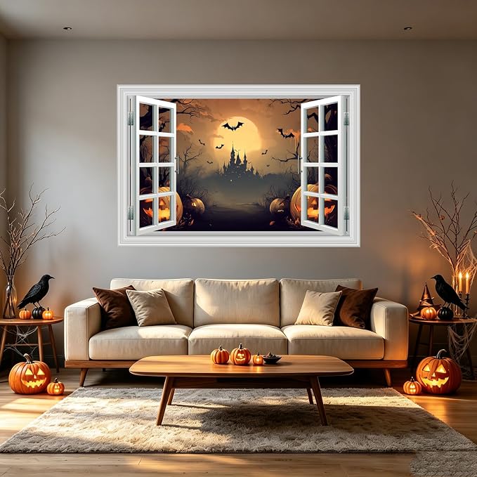 Halloween Decorations Fake Window Wall Decals，Full Moon Night View Terror Castle Pumpkin Bat Spooky Wall Art Poster Sticker Decal ，for Home Halloween Party Scary Scene Decor Peel and Stick 16“x24” - Image 9