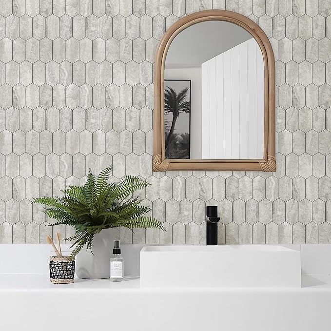 Vamos Tile Long Hexagon Peel and Stick Backsplash Tile - 10 Sheets Stick on Backsplash for Kitchen and Bathroom 12.4 x 12 Inch Beige Slate Look PVC Self Adhesive Mosaic Wall Tiles - Image 7