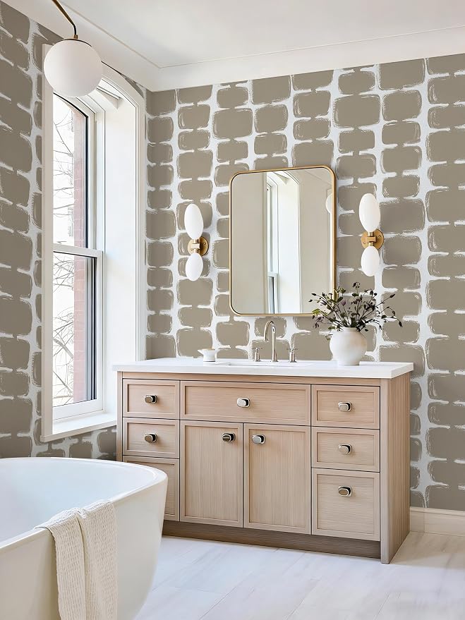 Safiyya 17.3"x197" Peel and Stick Wallpaper Mid Century Modern Abstract Contact Paper Geometric Wall Paper Self Adhesive Removable Wallpaper for Bathroom and Bedroom Vinyl, Light Brown and White - Image 3