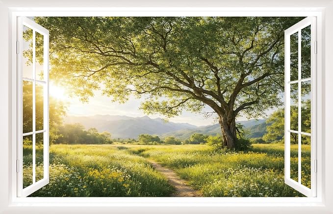 IARTTOP Fake Window Wall Mural Sticker 33"x20.4" Green Tree Sunrise Mountain Countryside Nature Scenery Wall Decal Window View Landscape Decals Decor for Bedroom Living Room Office by IARTTOP