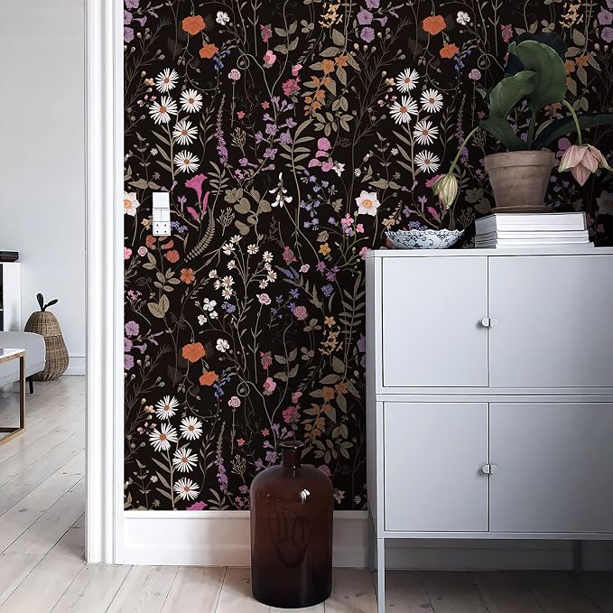 JiffDiff Floral Wallpaper Peel and Stick- 1181" x 17.3" Farm Wildwood Self Adhesive Wall Paper Daisy Flower Contact Paper Dark Floral Stick On Wallpaper - Image 9