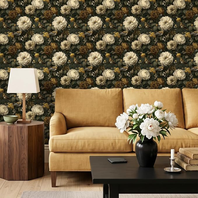 CRE8TIVE Peony Rose Floral Wallpaper Peel and Stick for Bathroom 12"x354" | Non‑Woven Dark Moss Green Contact Paper Waterproof Self Adhesive Bird Botanical Wallpaper Mural for Bedroom Walls Dressers - Image 3