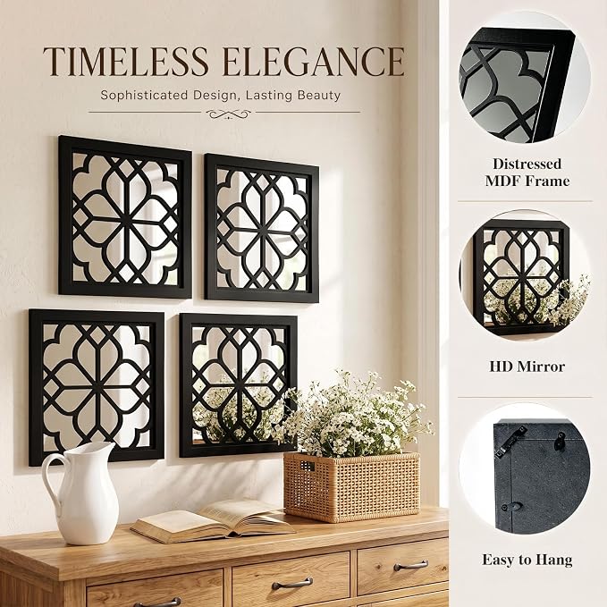 ZEXUIRU 4 Set Rustic Wall Mirrors for Bedroom Bathroom Living Room Entryway Wood Farmhouse Square Easy to Hang Framed Decorative Accent Hanging Wall-Mounted Mirror Set for Living Room - Black - Image 5