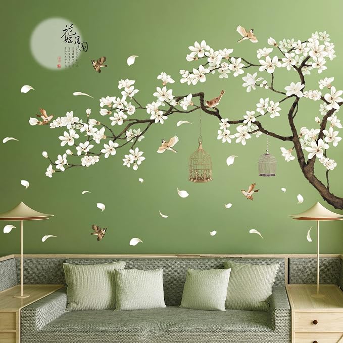 LiveGallery White Peach Blossm Flowers Wall Stickers Chinese Style Tree Branches Wall Decals Removable DIY Ancient Poems Petal Moon Birdcage Wall Art Murals for Girls Bedroom TV Background (Right) - Image 3