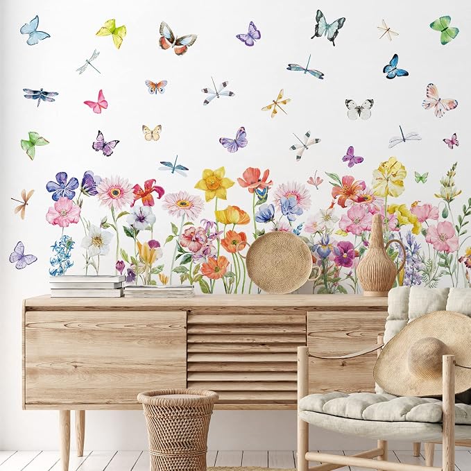 Zonon 6 Pcs Flower Wall Decals Peel and Stick Sticker, Modern | Vinyl Removable Wall Stickers, Colorful Butterfly and Dragonflies Wall Decals, Wildflower Decor for Bedroom, Living Room - Image 3