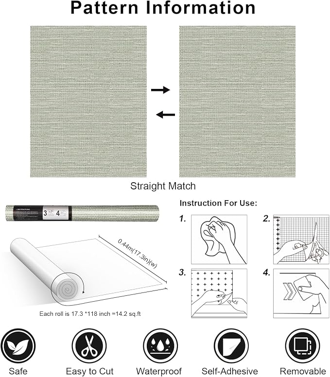 Simon&Siff Textured Grasscloth Peel and Stick Wallpaper 17.7"x118" Neutral Faux Grassweave Wallpaper Waterproof Self Adhesive Removable Wallpaper Mural for Home Decor Bedroom Kitchen Cabinet - Image 8