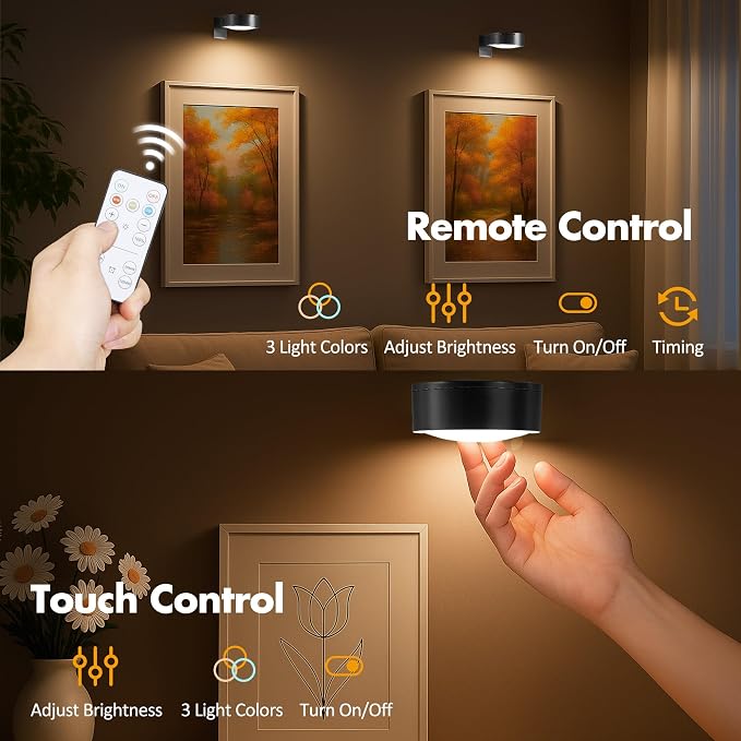Picture Lights for Wall, Wireless Poster Lights Battery Operated, Black | LED Magnetic Painting Light with Remote Dimmable, Timer＆3 Lighting Modes, Art Display Puck Light for Frame Portrait, 3 Pack - Image 5
