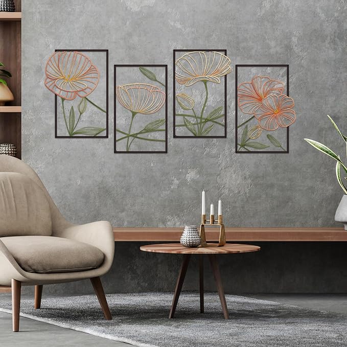 ESTART 4Pcs Metal Lotus Wall Decor Abstract Floral Line Art Sculpture | Minimalist Wall Decor for Bedroom Flowers Hanging Wall Sculpture for Living Room Kitchen Office and Yoga Room(Colourful) - Image 6