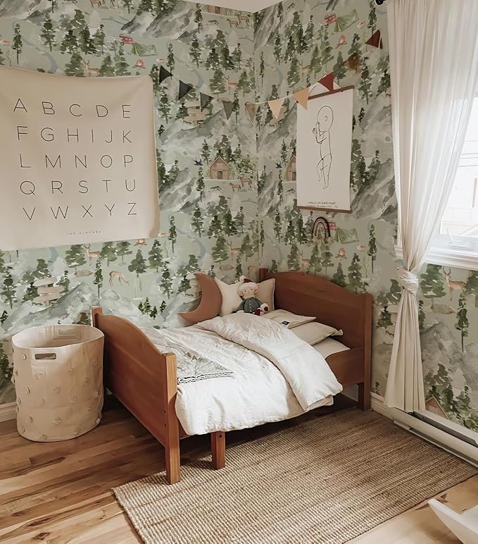 Wilderness Retreat Watercolor Wallpaper Peel and Stick Forest Mural Woodland Animals Alpine Landscape Mural Wall Decals for Bedroom Nursery 118" X 17.4" - Image 3