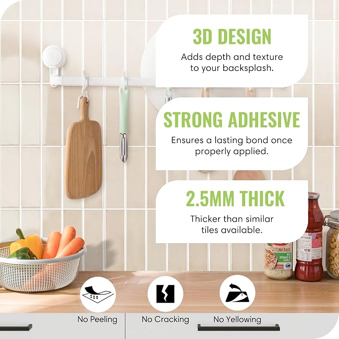 Select 5 Pack Peel and Stick Backsplash Square Tiles, 12x12 in, Almond | Extra Thick 3D Wall Panels, Heat & Water Resistant, Easy DIY Kitchen, Bathroom, Laundry, Fireplace & Rental Home Wall Décor - Image 2