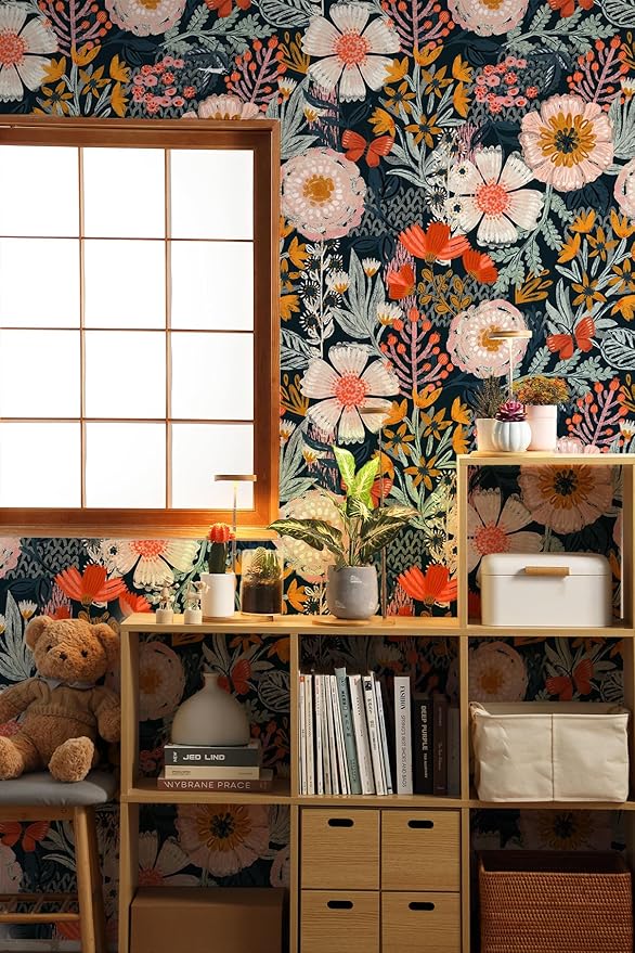 HAOKHOME Navy Pink Floral Peel and Stick Wallpaper Boho Contact Paper Decor | Textured Stick on Wall Paper Renter Friendly Removable Orange Flowers Bathroom Bedroom Cabinet Drawer Craft 17.3in x 6.6ft - Image 2