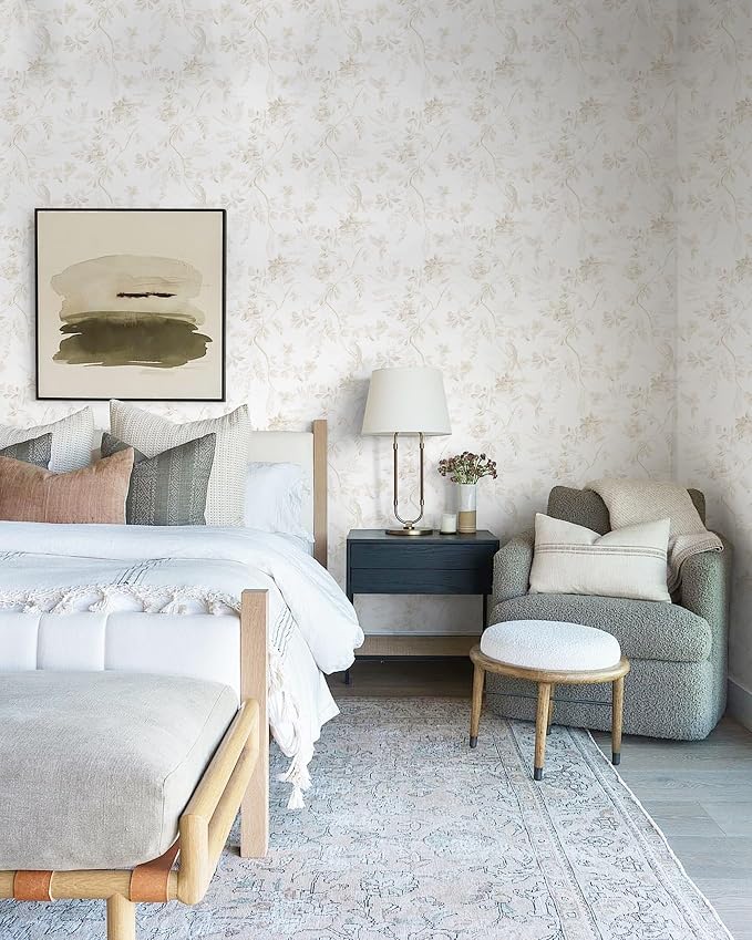 Dimoon 17.3''x393'' Vintage Peel and Stick Wallpaper Boho Beige Neutral Contact Paper White Floral Bird Wallpaper Removable Botanical Renter Friendly Modern Wall Paper Bedroom Bathroom Vinyl Roll - Image 4