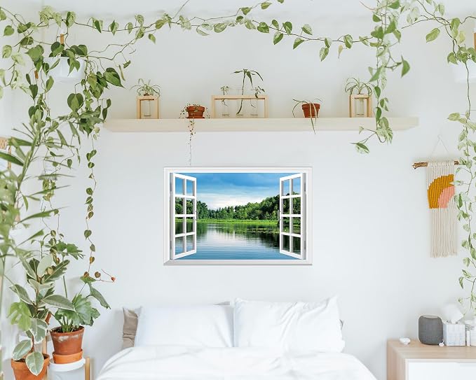 FLFK Fake Window Wall Sticker, Lake Forest Nature View Peel and Stick Mural, White Frame, Self-Adhesive Removable Decal, 24 x 16 Inches, Easy Peel and Stick, for Home, Office, Bedroom Decor - Image 6