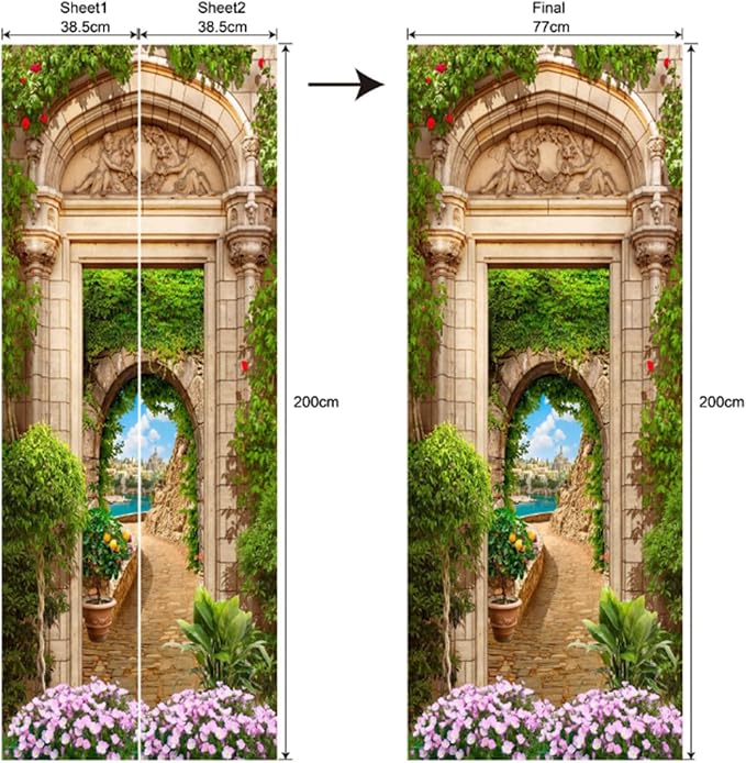 artfanke 3D Beautiful Garden Arch Peel and Stick Door Sticker 30.3"x78.7"-Self-Adhesive Door Murals Wallpaper - Wall Decal for Living Room Bedroom Decor (2 Sheets/Set) - Image 7
