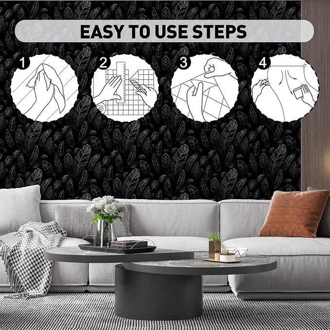 Black Peel and Stick Wallpaper 17.7"x80" Feather Wallpaper Removable Modern Vinyl Wall Paper Waterproof Contact Paper for Bedroom Living Room - Image 5