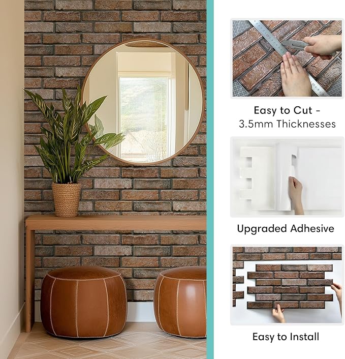 Commomy Faux Brick 3D Wall Panels - Not Real Brick 12 pcs of 22.8" x 11.8" | Thin UrltraLight PVC Matte Peel and Stick Brick Tile Retro Printable for Kitchen,Bedroom, Living Room（Covers 22.48 sq.ft） - Image 5