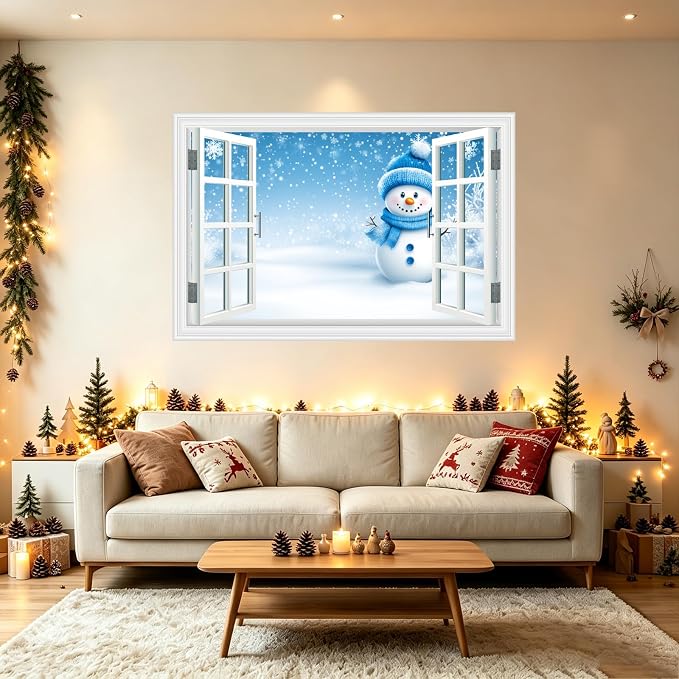 Fake Window Wall Decal- Winter Christmas Blue Snowman Snowflakes Sticker | ｜Faux Window Natural Scenery Landscape Mural ｜ Stick and Peel Wall Decal｜Room Bedroom Office Decor｜48"x32",Set of 2 Sheets - Image 2