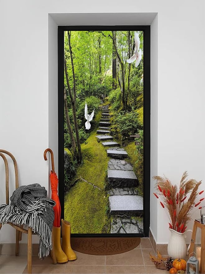 artfanke 3D Peel and Stick Door Sticker 30.3"x78.7"- Self-Adhesive Door Wallpaper Murals Decal Wall Poster-Pigeon Green Forest Landscape for Home Decor (2 Sheets/Set) - Image 3