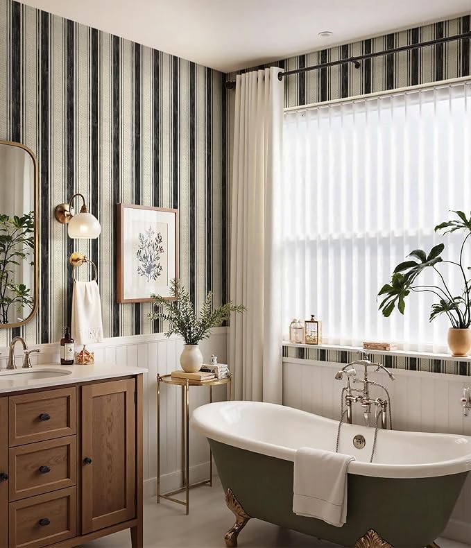 Safiyya Peel and Stick Wallpaper Black and Cream White 17.3"×197" Hand-Painted Striped Contact Paper Beige Vintage Wall Paper Self Adhesive Removable Wallpaper for Bedroom Bathroom Vinyl - Image 4