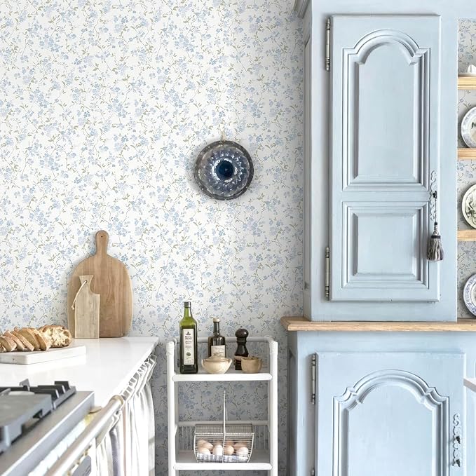 Peel and Stick Wallpaper for Nursery Blue Cherry Blossom Waterproof | 78.7"×17.3" Blue Floral Watercolor Wallpaper Gentle Accent Wall Decor with Grid Lines for Bedroom Vinyl Self-adhesive - Image 6