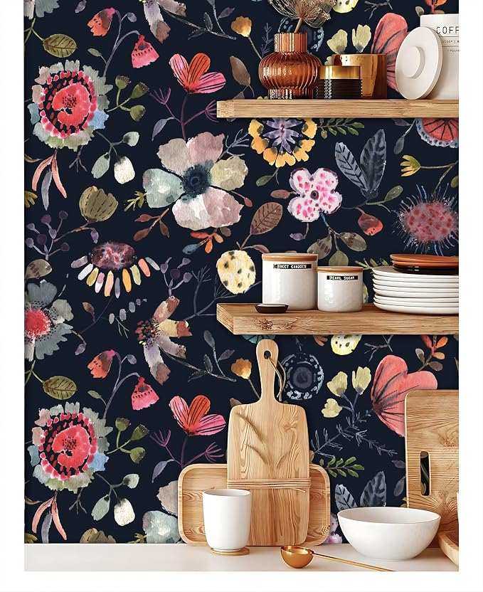Wallpaper Peel and Stick Floral Wall Paper Removable Waterproof Blue/Red/Yellow Contact Paper for Bedroom Cabinets Shelf Drawers Renter Friendly 17.3" x 118" - Image 4