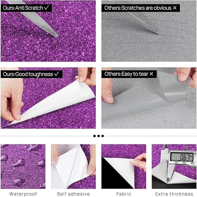 FunStick 3.9"x472" Violet Purple Glitter Wallpaper Border Wall Paper Borders Peel and Stick Modern Mirror Borders for Bathroom Waterproof Glitter Contact Paper for Bedroom Wallpaper Border Sticker - Image 4