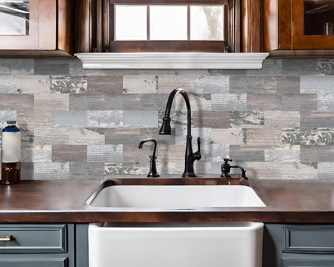 DEWOO 20 Sheet Peel and Stick Wall Tile Kitchen Backsplash Self Adhesive | PVC,Rustic,Faux Wood like,Country,Farmhouse,13.5" x 11.4" - Image 3