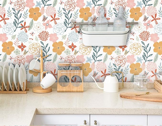 WENMER Floral Peel and Stick Wallpaper - 17.71'472' Boho Pink Floral Contact Paper Self-Adhesive Removable Wallpaper for Bathroom Cabinet Decorative - Image 6