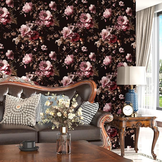 Laatse Dark Floral Brown Wallpaper Peel and Stick17.5 × 393", Black Pink | Self Adhesive/Removable/Waterproof/Thick Vinyl Contact Paper for Bathroom Bedroom Shelf Cabinet Drawer,Prepasted,Easy Peel - Image 3