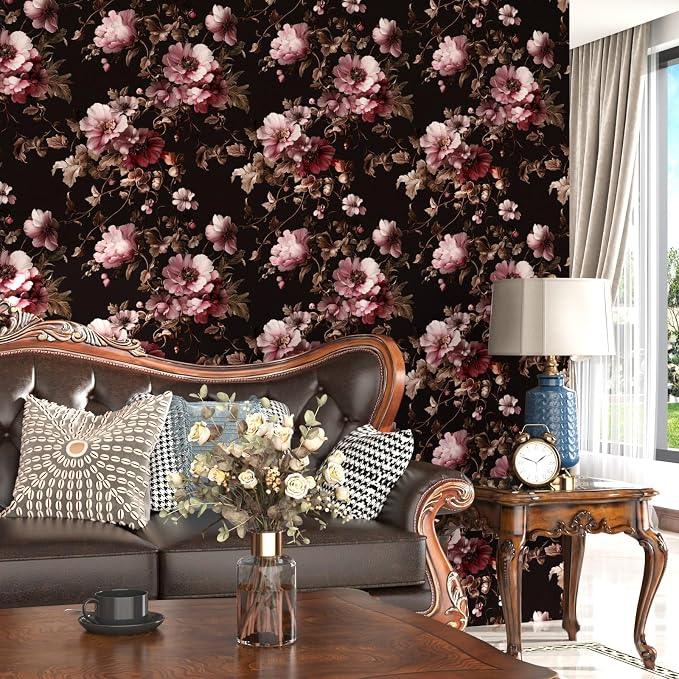 Laatse Dark Floral Brown Wallpaper Peel and Stick17.5 × 118", Black Pink | Self Adhesive/Removable/Waterproof/Thick Vinyl Contact Paper for Bathroom Bedroom Shelf Cabinet Drawer,Prepasted,Easy Peel - Image 3