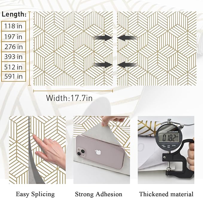 MelunMer Geometric Contact Paper Peel and Stick Wallpaper Gold 17.7”×512” | Self Adhesive, Removable Wallpaper for Bedroom/Bathroom Waterproof, Modern Contact Paper for Cabinets Liner Easy to Install - Image 3