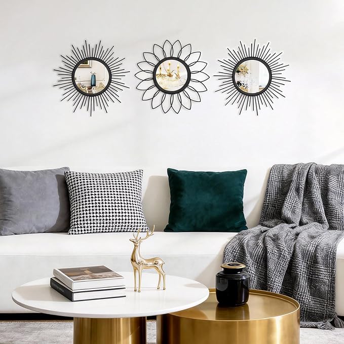 Set of 3 Black Metal Sunburst Wall Mirrors - 12" Round Decorative Art for Living Room Bedroom Bathroom Entryway, No Assembly Required, Rust Resistant Design - Image 3
