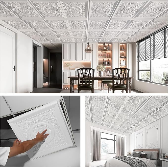 WOWSTAR 12-Pack 24"x24" Drop Ceiling Tiles, Waterproof Glue up Vintage Style 3D Ceiling Tiles, White | PVC ceiling panels, 24"x24", waterproof, glue-up install, basement kitchen bathroom, 12-pack - Image 6